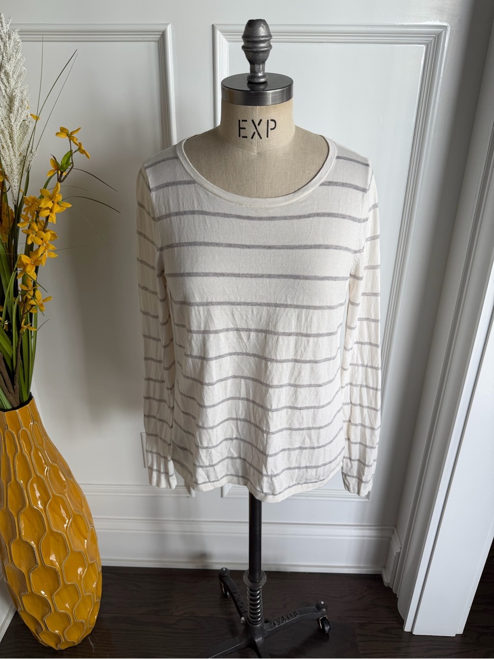 LOFT Cream and Taupe Striped Long Sleeve High Low button down back Top